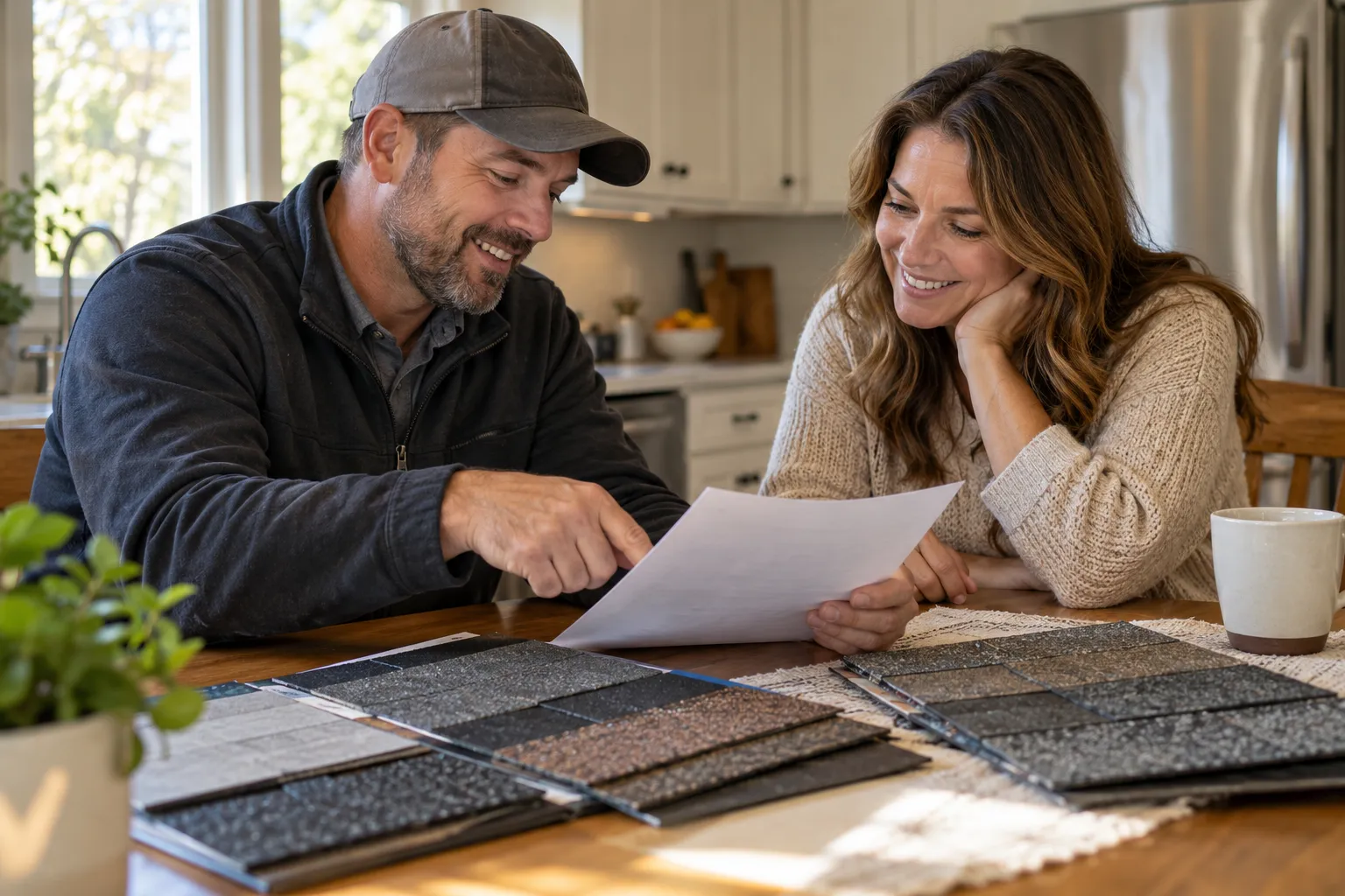 Roofing provider showing a written quote to a homeowner at a kitchen table