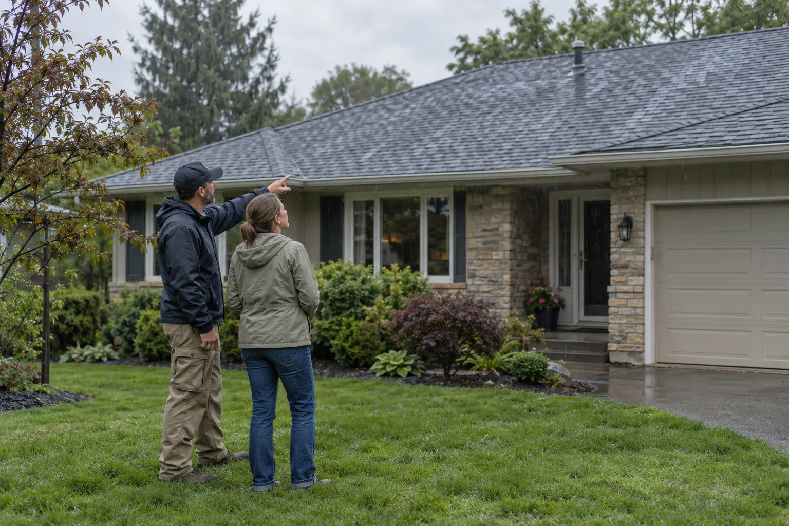 Homeowner looking up at a storm-worn roof in Romeo with a roofing provider