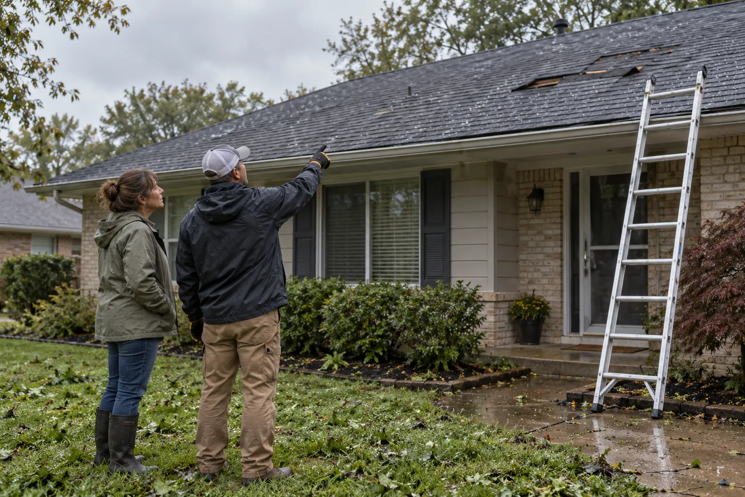 Homeowner and a local roofing provider looking up at a storm-damaged shingle roof in the Romeo area
